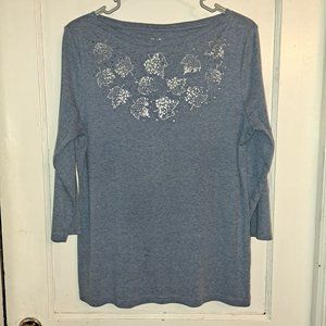 Croft&Barrow pullover top in denim blue with silver leaves szL
